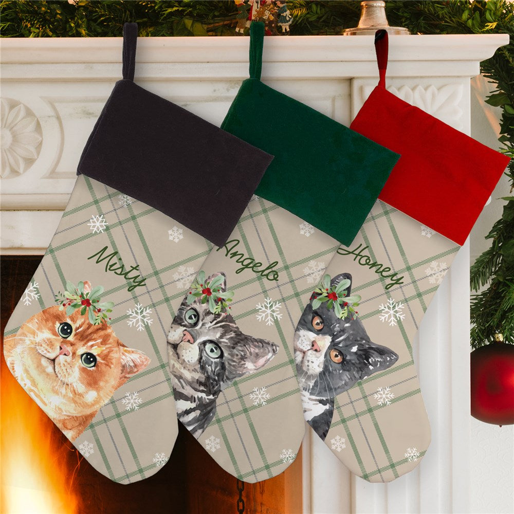 Personalized Watercolor Cats with Holly over the ear on Neutral Plaid Background Stocking