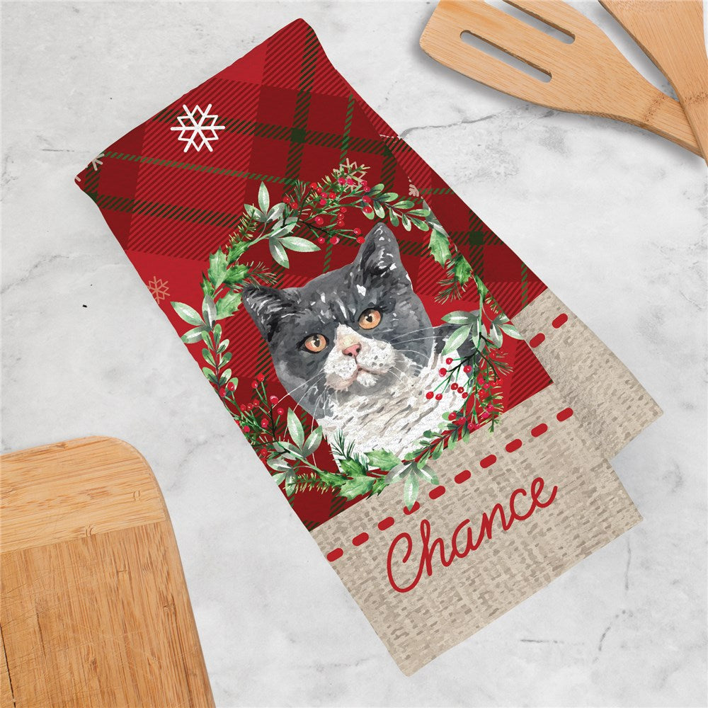 Presonalized Watercolor Cats in Watercolor Christmas Wreath and snowflakes Waffle Weave Towel