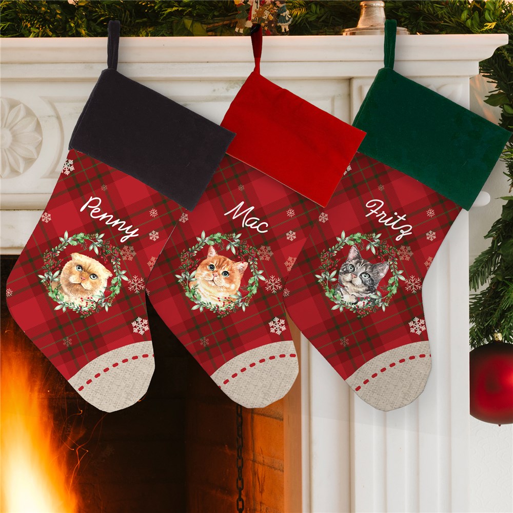 Personalized Watercolor Cats in Watercolor Christmas Wreath and snowflakes Stocking