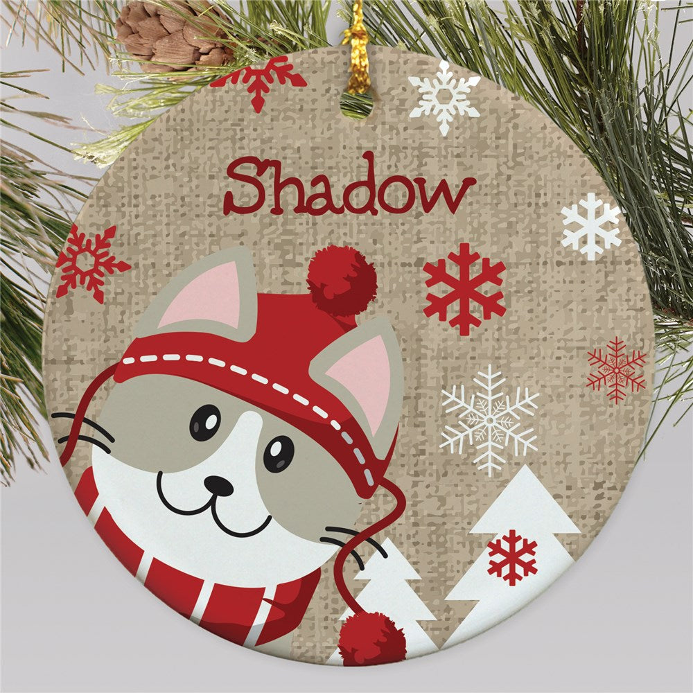 Personalized Christmas Cats in Hats and Scarf Round Ceramic Ornament