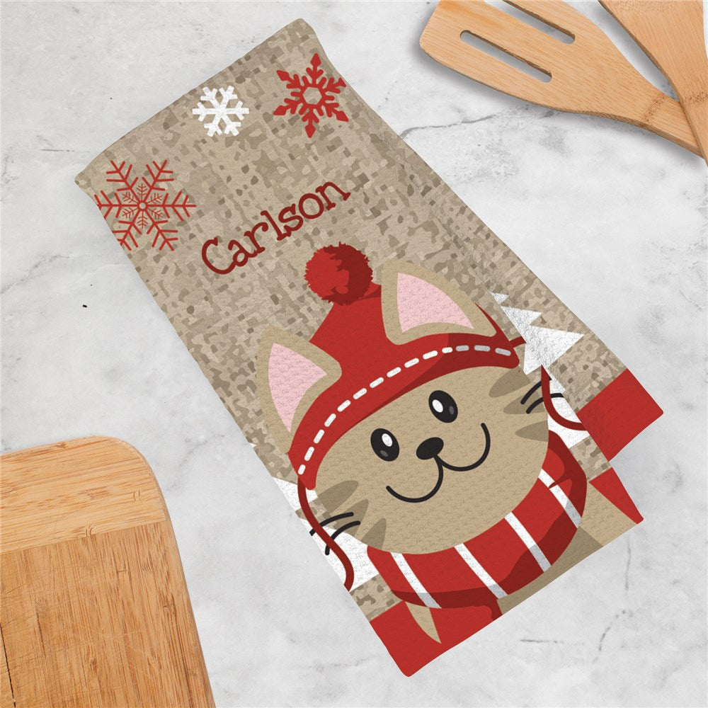Personalized Christmas Cats in Hats and Scarf Waffle Weave Towel