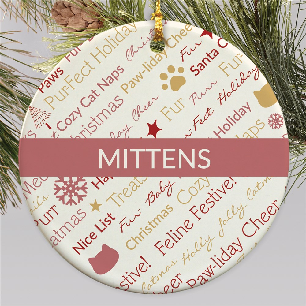 Personalized Red or Green Static Cat Christmas Word Art Round Ornament