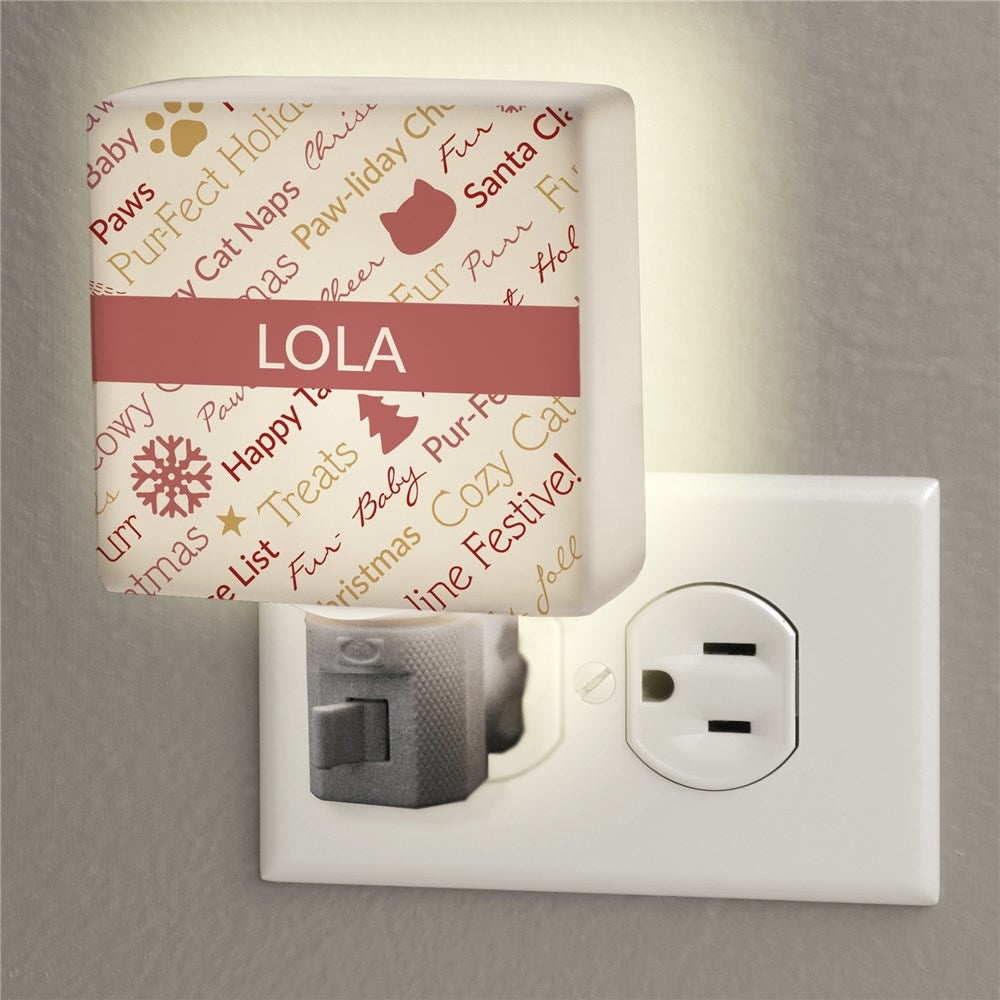 Personalized Red or Green Static Cat Christmas Word Art Square Night Light