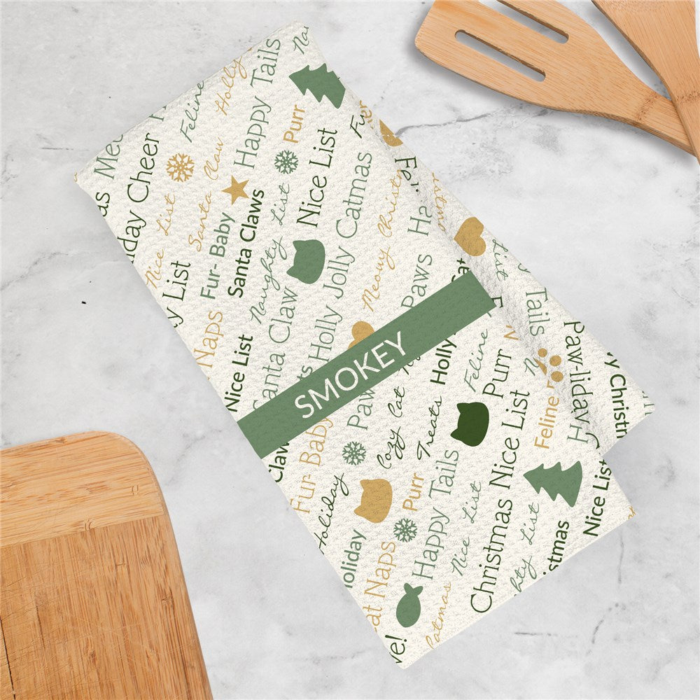 Personalized Red or Green Static Cat Christmas Word Art Waffle Weave Towel