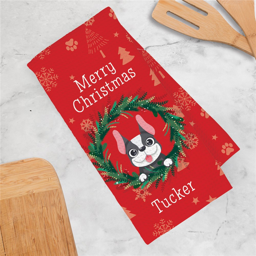 Personalized Christmas Wreath Pet Breed with Pet Icons in Background Waffle Weave Towel