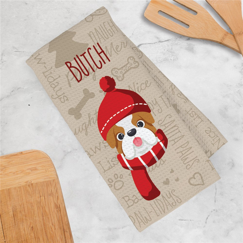 Personalized Dogs in Hat and Scarf with Static Dog Christmas Word Art Background Waffle Weave Towel