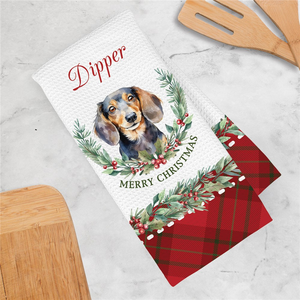 Personalized Watercolor Dog Breed with Plaid and Winter Watercolor Foliage Waffle Weave Towel