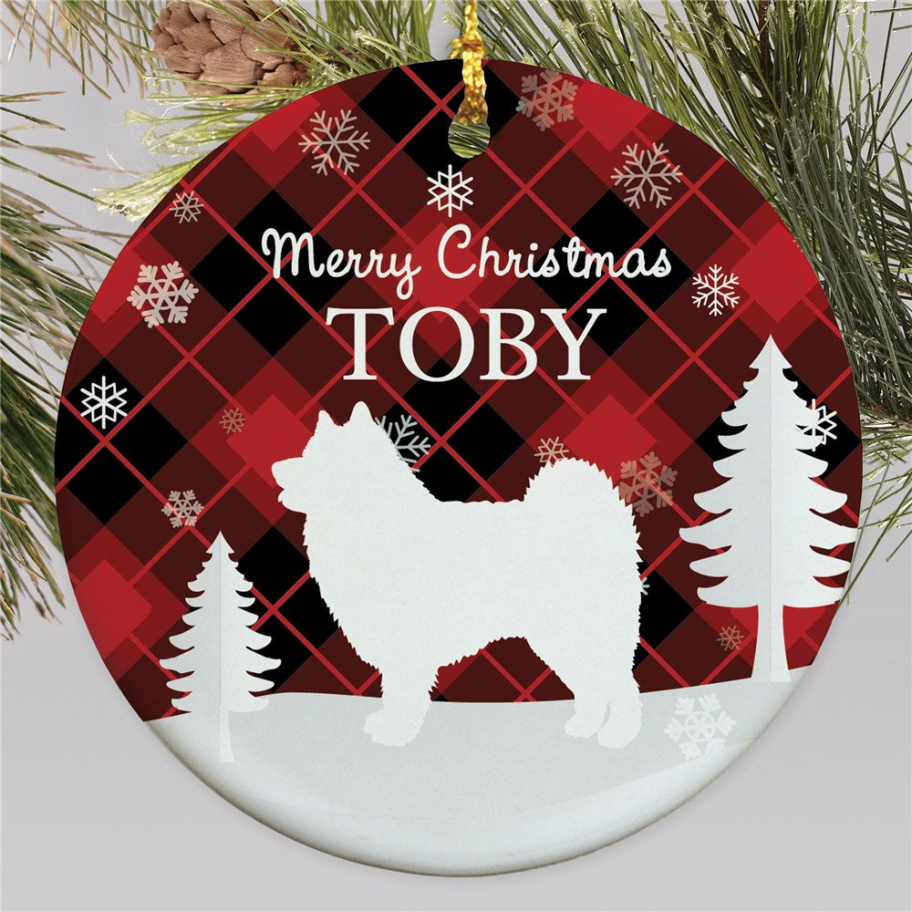 Personalized Red and Black Plaid with Dog Breed Silhouettes Round Ornament