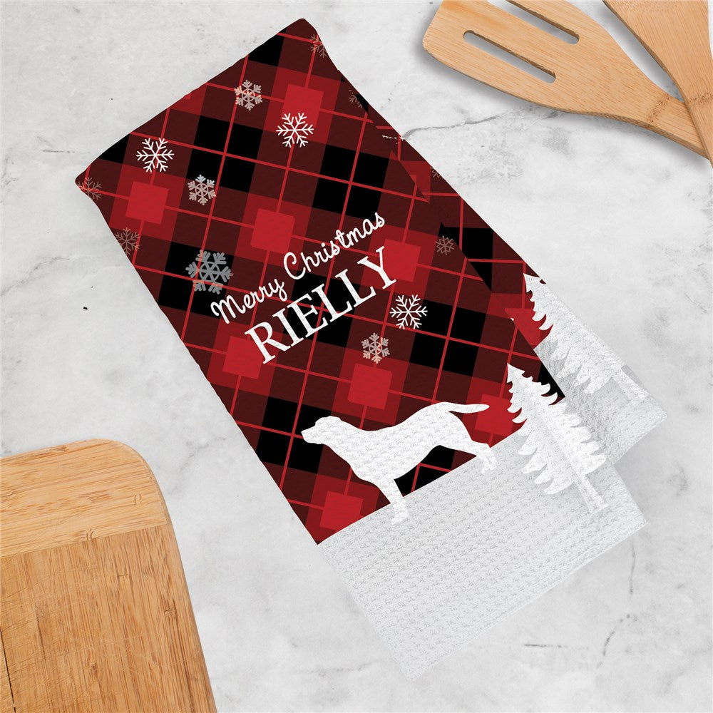Personalized Red and Black Plaid with Dog Breed Silhouettes Waffle Weave Towel