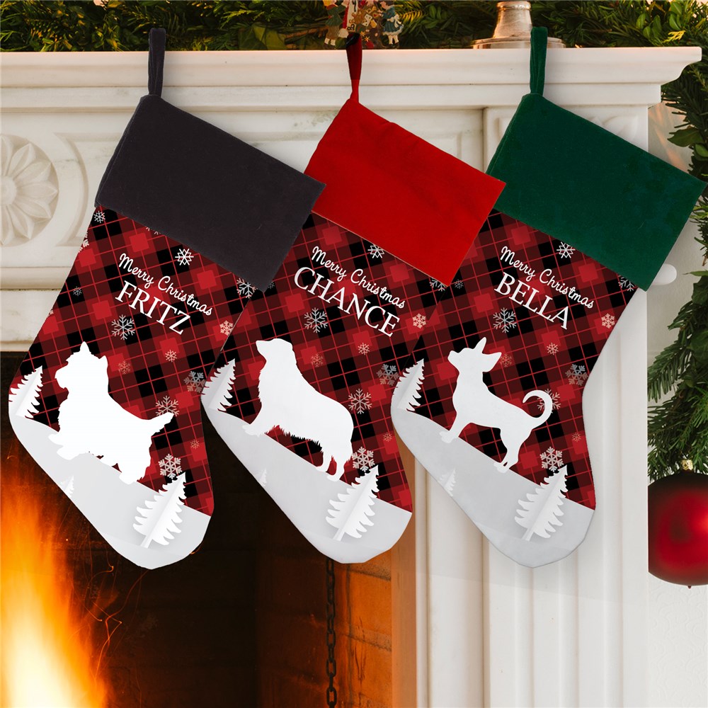 Personalized Red and Black Plaid with Dog Breed Silhouettes Stocking