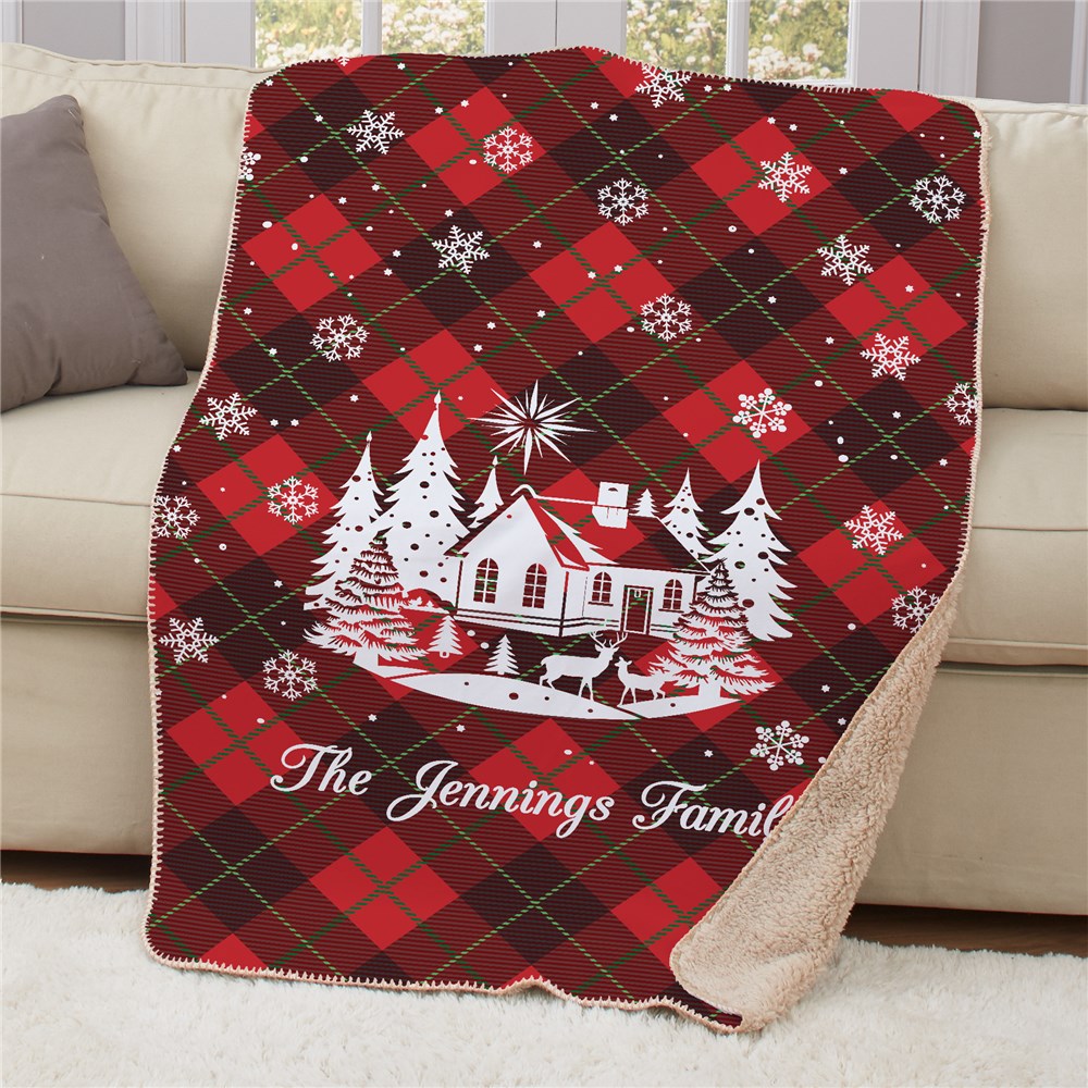 Personalized Red plaid with White Cabin Silhouette 50" x 60" Sherpa Blanket