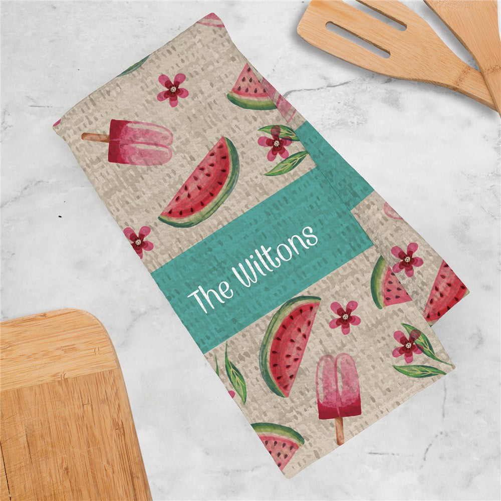 Personalized Watercolor Watermelon and Popcicles Waffle Weave Towel