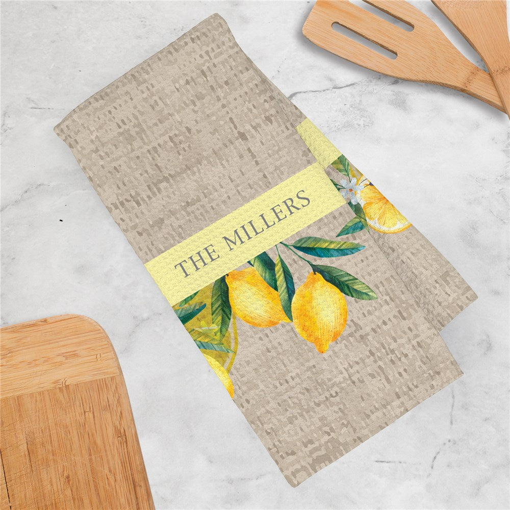 Personalized Watercolor Lemons with Family Name Waffle Weave Towel
