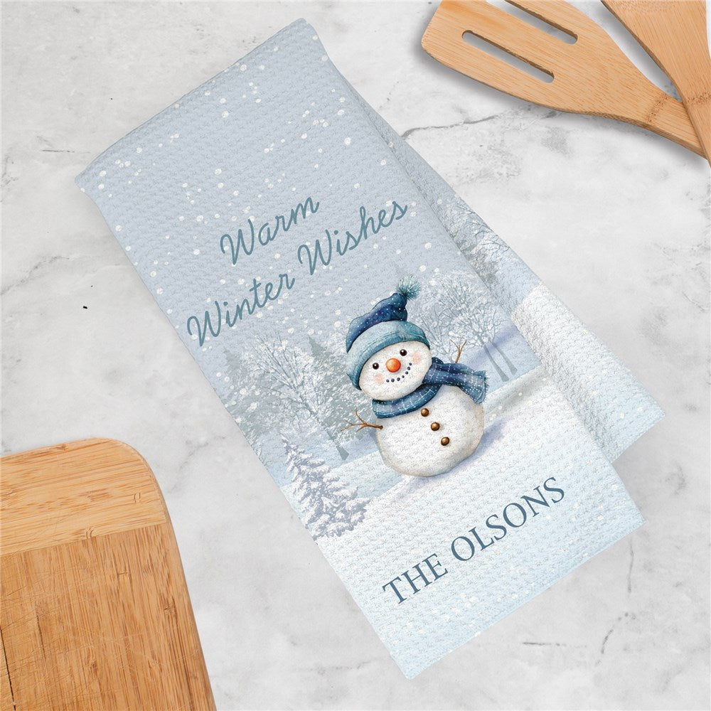 Personalized Warm Winter Wishes Snowman Waffle Weave Towel