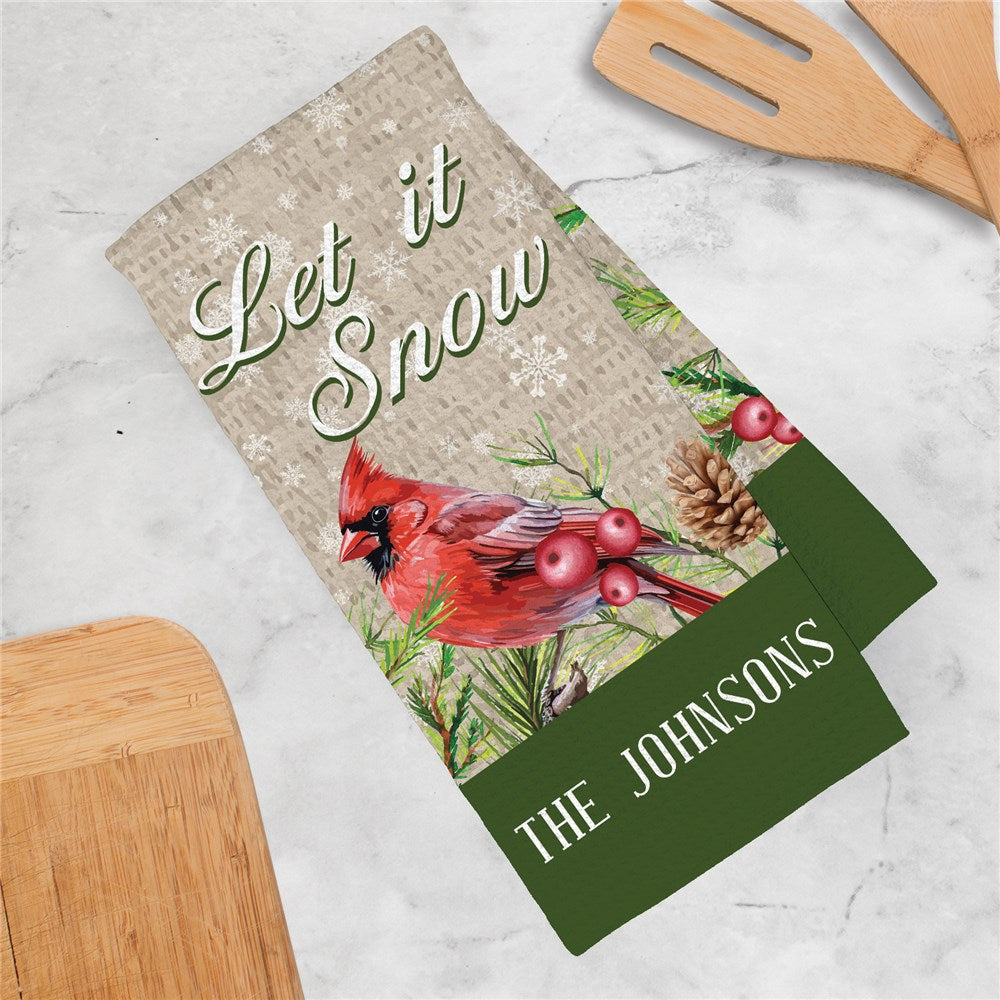 Personalized Let It Snow Cardinal with Family Name Waffle Weave Towel