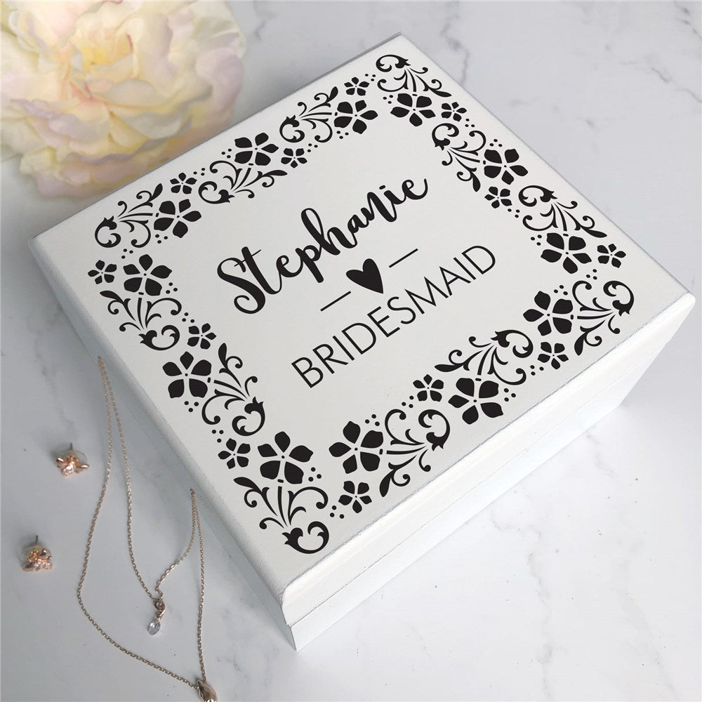 Personalized Floral Border Bridal Party Jewelry Box