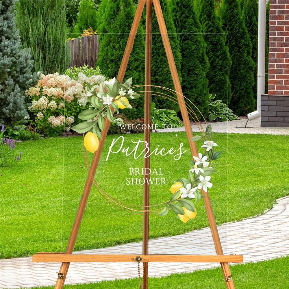 Personalized Lemon and White Floral Wreath Bridal Shower Acrylic Sign