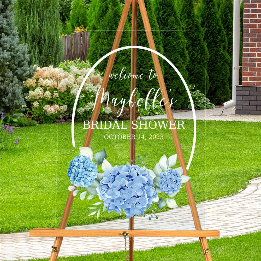 Personalized Blue Hydrangeas Bridal Shower Acrylic Sign