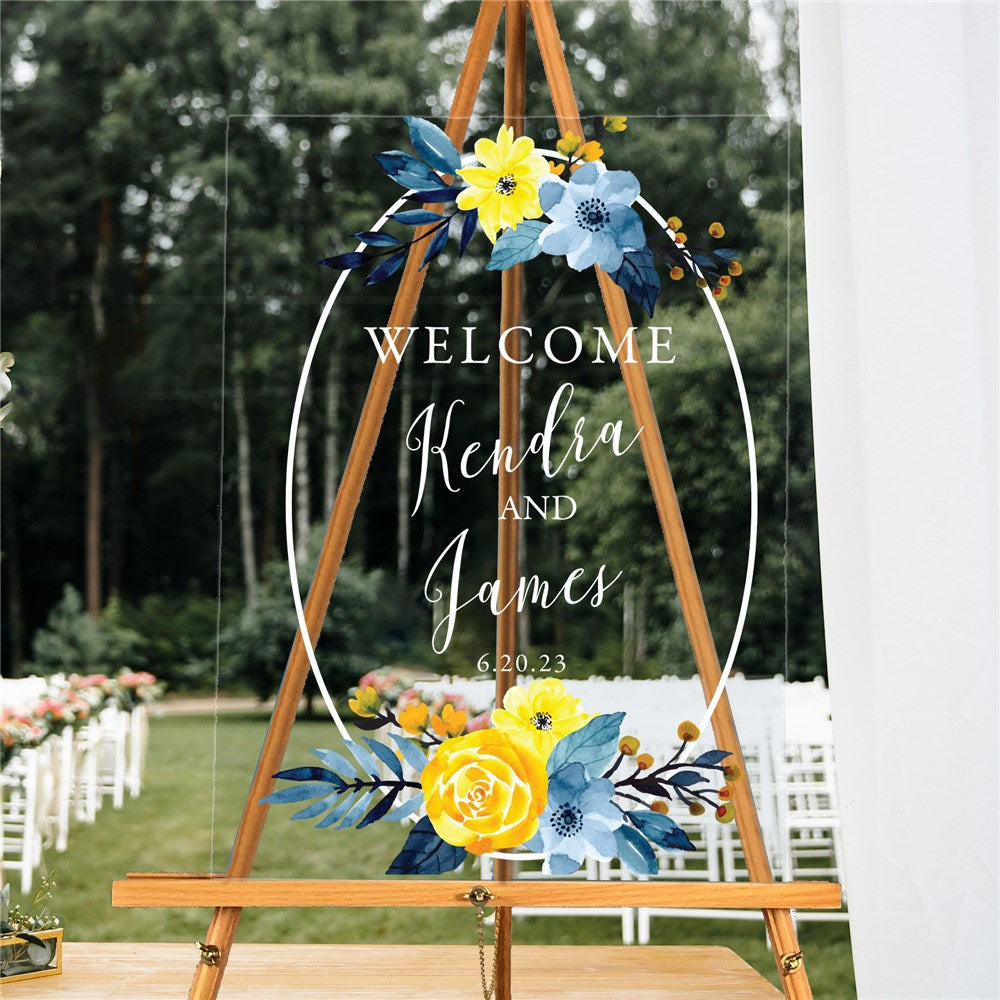 Personalized Blue & Yellow Floral Welcome Acrylic Sign