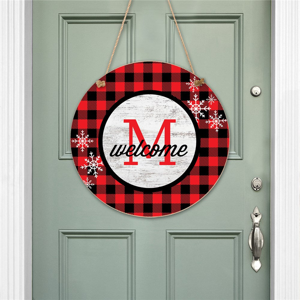 Personalized Buffalo Plaid with Snowflakes and Initial Hanging Sign