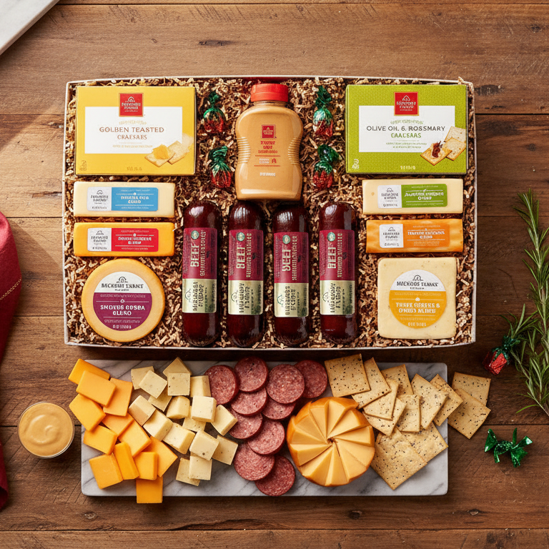 Gift box with assorted cheeses, meats, and crackers on a wooden table
