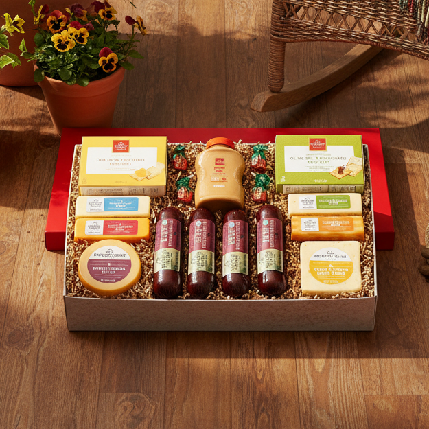 Gift basket on a wooden floor with potted plants and a chair in the background