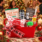 Winter Walks holiday dog gift basket displayed on a festive table with a dog enjoying the holiday in the background