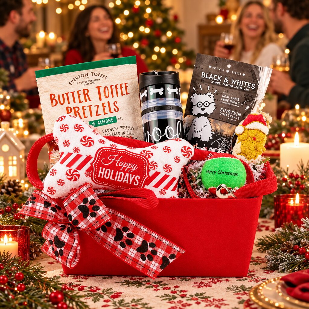 Winter Walks holiday dog gift basket displayed on a festive table with a dog enjoying the holiday in the background