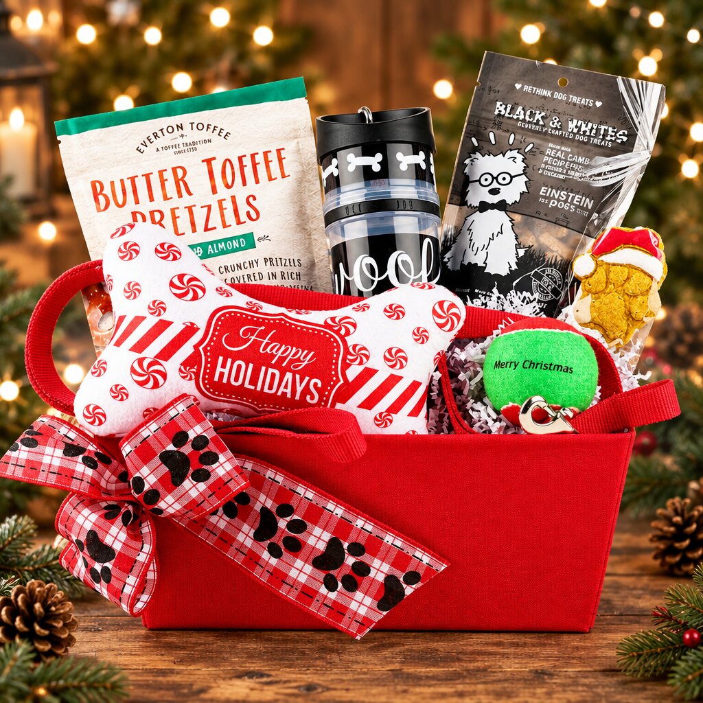 Winter Walks holiday dog gift basket with dog toys, treats, leash and gifts for a dog lover