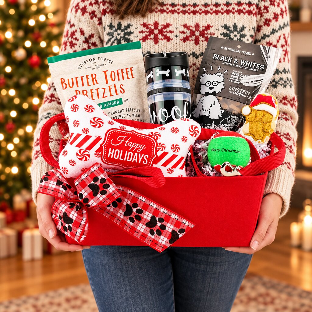 Winter Walks holiday dog gift basket held in someone's hands