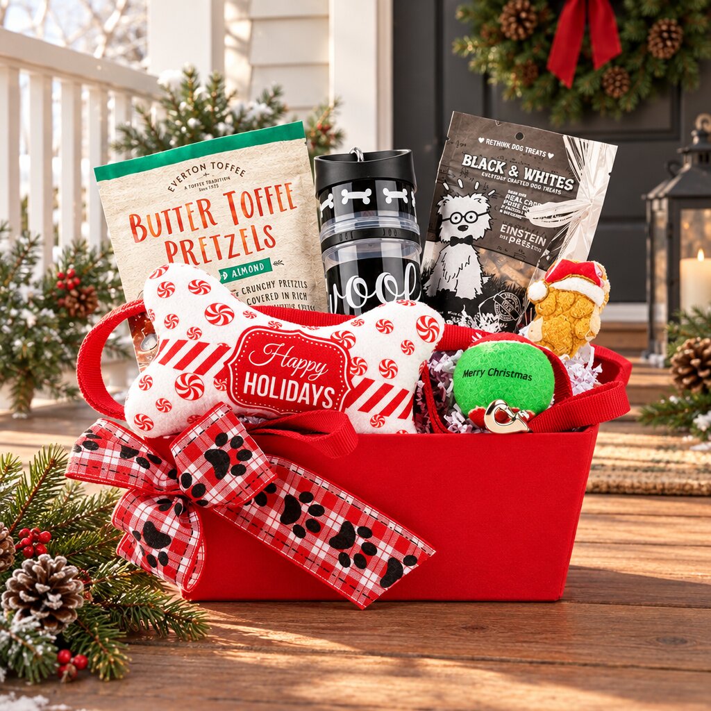 Winter Walks holiday dog gift basket displayed on a front porch with holiday decorations