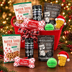 Winter Walks holiday dog gift basket contents including dog toys, treats, red leash and WOOF treat holder