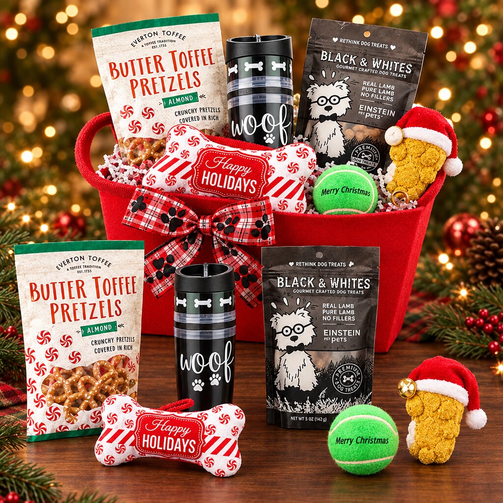 Winter Walks holiday dog gift basket contents including dog toys, treats, red leash and WOOF treat holder