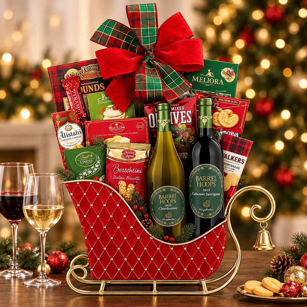 Barrel Hoops Duet Holiday Wine Gift Basket with California wine and gourmet treats