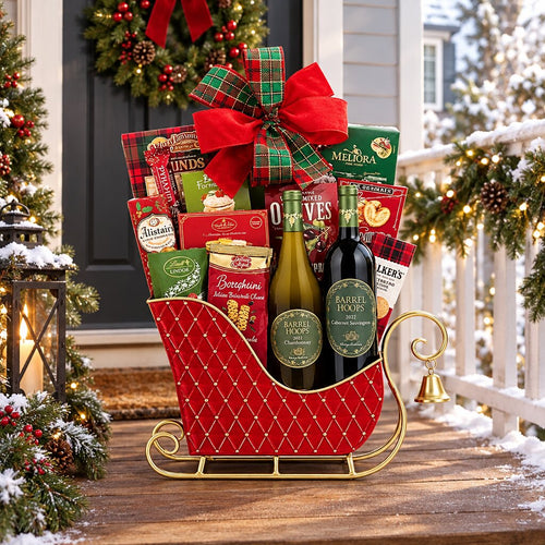 Barrel Hoops Duet holiday wine gift basket arriving at a recipient's door