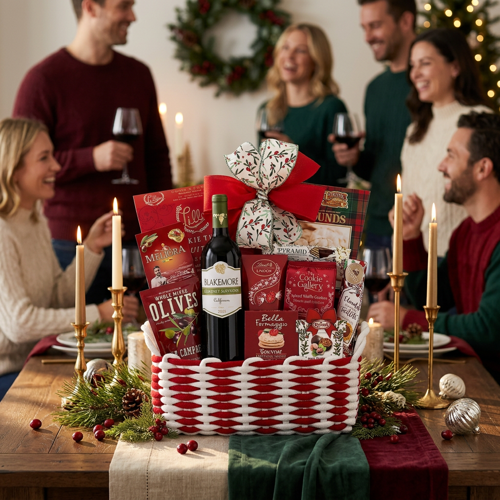 A Christmas-themed gourmet gift basket filled with snacks, treats, and a bottle of Lakestone wine, displayed on a decorated dining table with candles and people celebrating in the background.