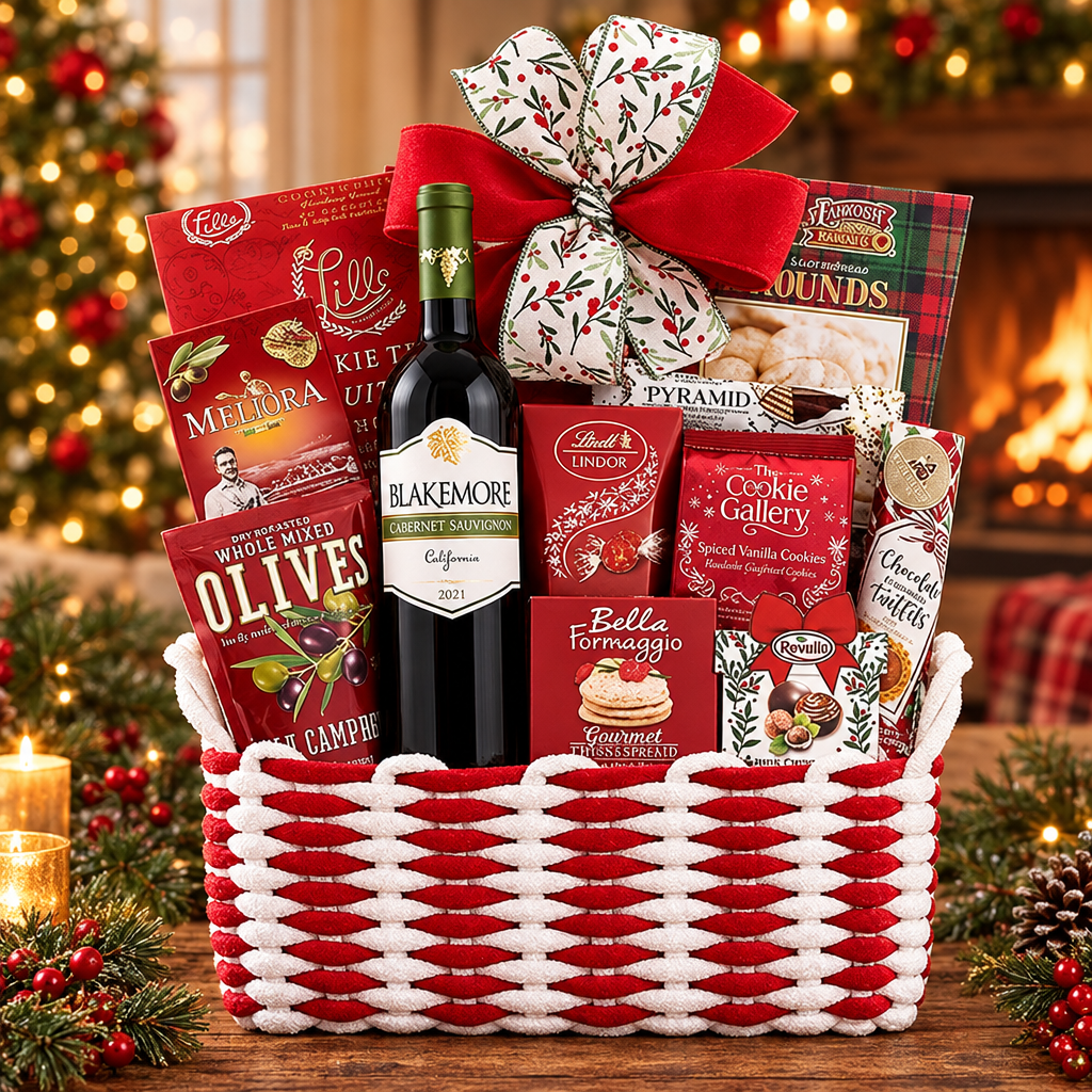 A holiday gift basket filled with assorted gourmet treats and a bottle of wine, tied with a red velvet bow and decorated with a red-and-white woven basket. Visible items include a bottle of Blakemore Cabernet Sauvignon, Olives by the Yard, Cookie Gallery, Bella Formaggio, and other festive snacks, set against a warm Christmas tree and fireplace background.