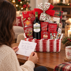A Christmas-themed gift basket filled with assorted treats, a bottle of Blakemore wine, and a large red bow, displayed on a wooden table in a cozy holiday setting. A person is seen from behind holding a handwritten Christmas card.