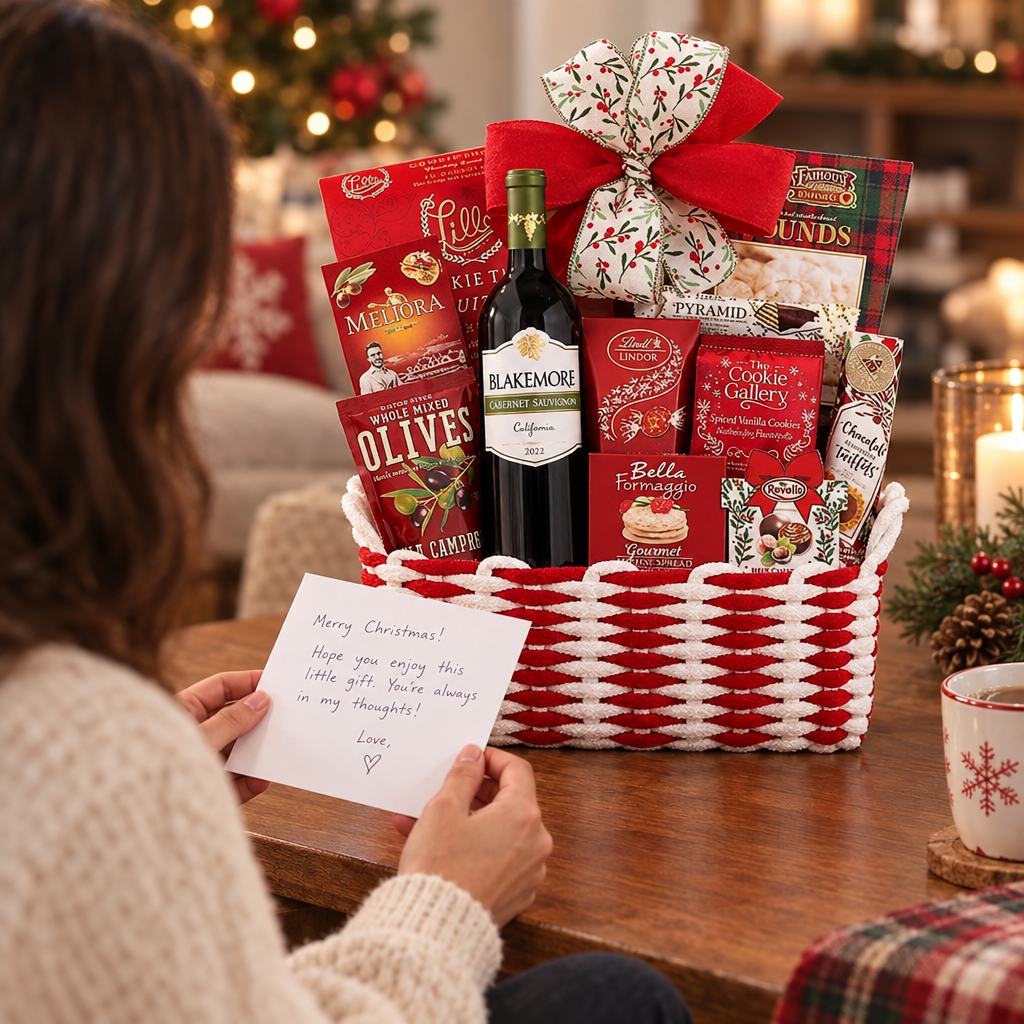 A Christmas-themed gift basket filled with assorted treats, a bottle of Blakemore wine, and a large red bow, displayed on a wooden table in a cozy holiday setting. A person is seen from behind holding a handwritten Christmas card.