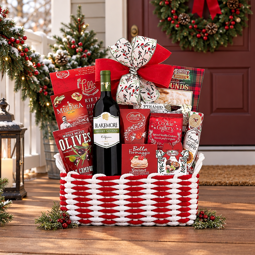 A holiday gift basket filled with assorted Christmas treats, including a bottle of Blakenfore red wine, boxes of cookies, pretzels, and olives, tied with a red and white bow, set on a wooden front porch with holiday decorations.