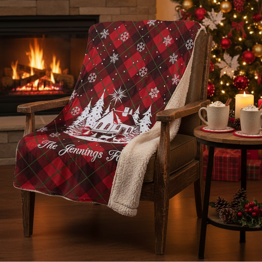A red and black holiday-themed throw blanket draped over a wooden armchair in a cozy living room setting. The blanket features a red and black plaid pattern, white snowflakes, a white Christmas house graphic, and the text 'The Jennings Family'.