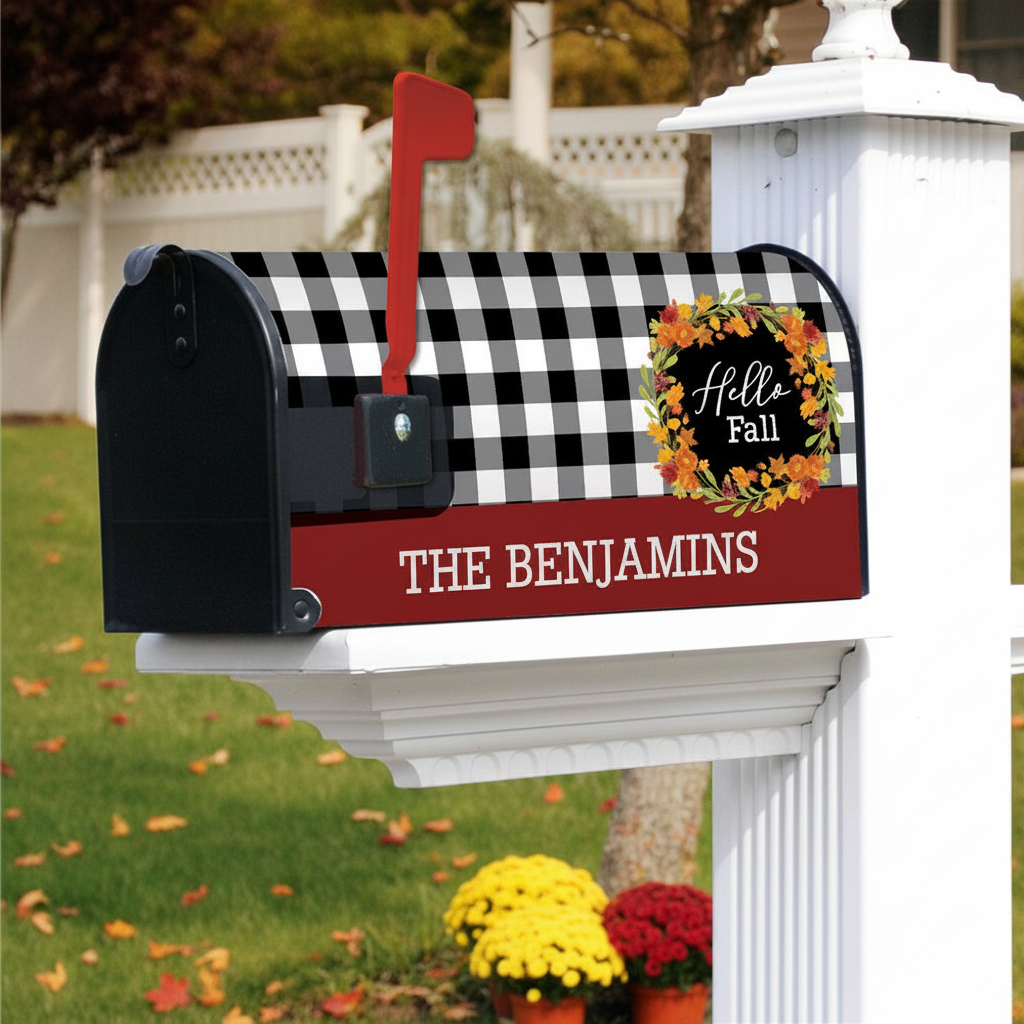 A personalized black and white buffalo check mailbox mounted on a white post in a yard. The mailbox has a red flag, a red bottom panel with the white text 'THE BENJAMINS', and a decorative 'Hello Fall' wreath sticker.
