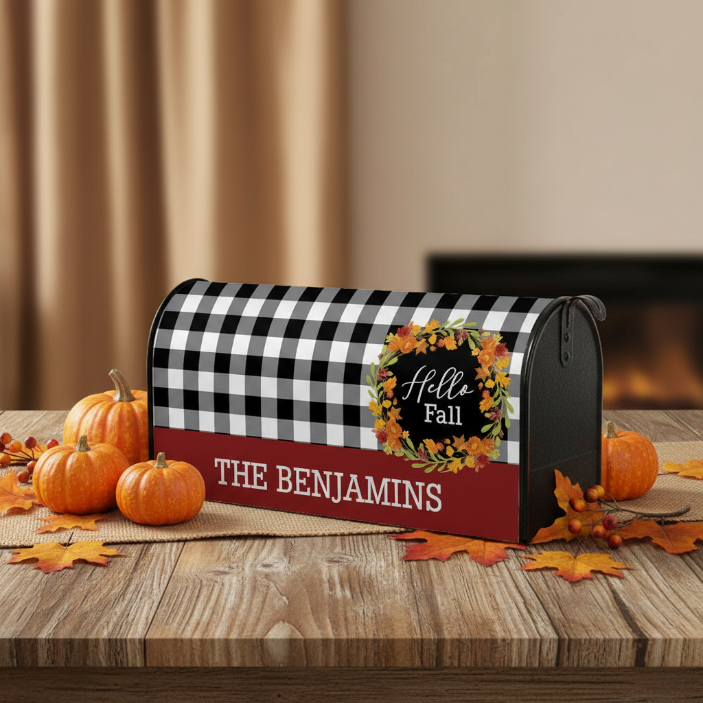 A personalized black and white buffalo check mailbox with a red lower band reading 'THE BENJAMINS' and a circular 'Hello Fall' wreath decal, styled on a wooden table with pumpkins, autumn leaves, and a fireplace in the background.