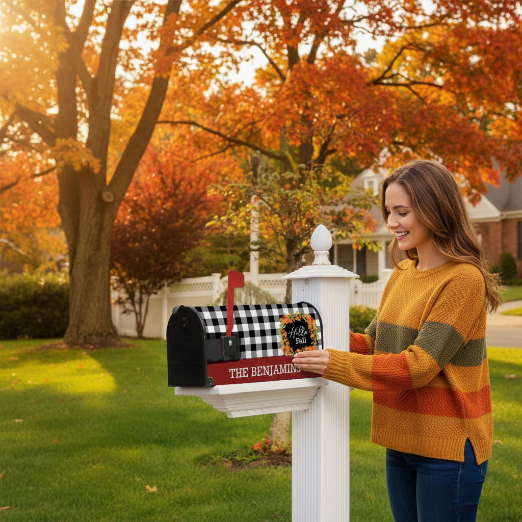 A woman in a yellow and orange striped sweater stands next to a white mailbox post in a sunny autumn yard, touching a personalized black mailbox with a red flag, gingham pattern, and a circular wreath decal that reads 'Hello Benjamin'.