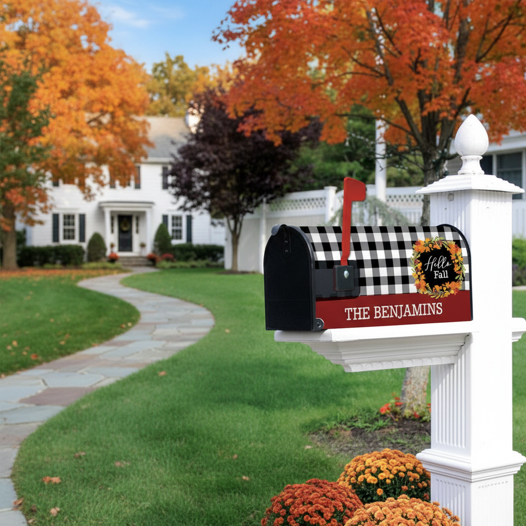 A personalized black mailbox with a red and black buffalo plaid flag and a red bottom banner reading 'THE BENJAMINS' is mounted on a white post in a landscaped yard. The mailbox features a circular 'Fall Fall' wreath design.