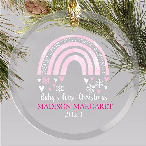 Personalized Baby's First Christmas Watercolor Rainbow Round Glass Ornament - Sunny Jar Personalized™