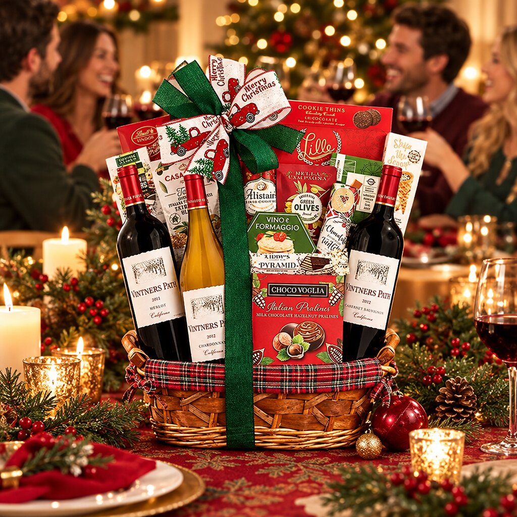 People celebrating with the Vintner's Path Trio Holiday Wine Gift Basket