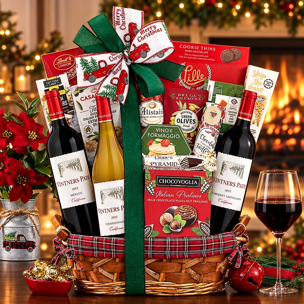 Vintner's Path Trio Holiday Wine Gift Basket with three California wines and gourmet treats