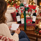 Person reading a personalized gift message with the Vintner's Path holiday wine basket blurred in the background