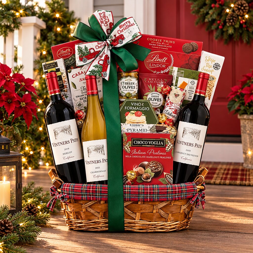 Vintner's Path Trio holiday wine gift basket arriving at a recipient's door